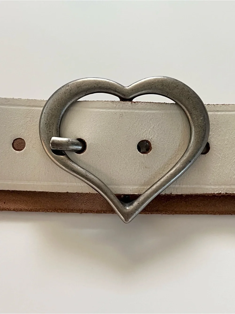 White Leather Belt with Heart Buckle